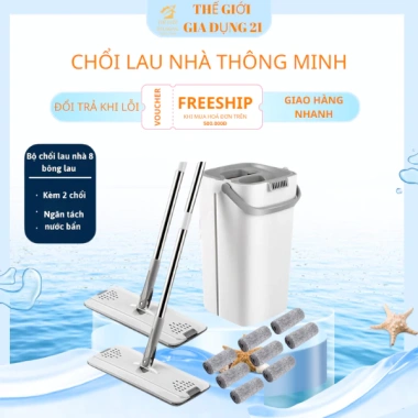 Cây lau nhà tự vắt 360 độ thông minh - Bộ 2 chổi 1 thùng 8 bông lau - Giá chỉ 60.000₫