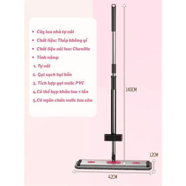 Cây Lau Nhà Tự Vắt 42cm Bàn Lau Hợp Kim Nhôm Xoay 360°, Tích Hợp Gạt Nước, Cán Thép Không Gỉ Cao Cấp, Giá 160k