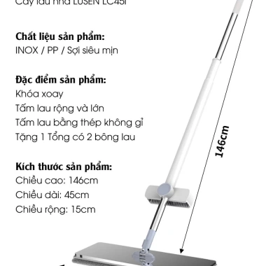 Cây lau nhà tự vắt Lusen LC45I - Bàn lau inox xoay 360 độ 2 miếng, giá 239.000