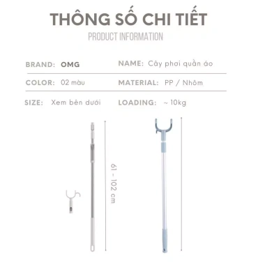 Cây Lấy Đồ Phơi Quần Áo Trên Cao Rút Gọn 1m2 Không Gỉ - Nhỏ Gọn, Nhẹ, Siêu Bền, Giá 65.000 VND