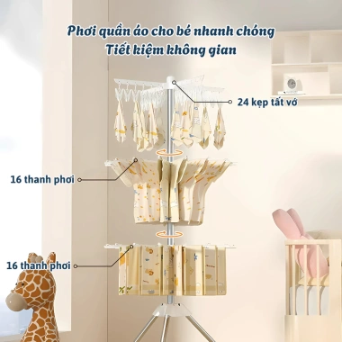 Cây phơi đồ inox đa năng Zenlife 3 tầng 170cm 48 kẹp xoay 360 độ giá 217.000đ 6