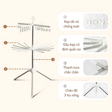 Cây phơi đồ inox đa năng Zenlife 3 tầng 170cm 48 kẹp xoay 360 độ giá 217.000đ 8