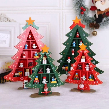 Cây thông Noel gỗ WEETW DIY màu đỏ - Đồ trang trí bàn lò sưởi Giáng sinh Handmade