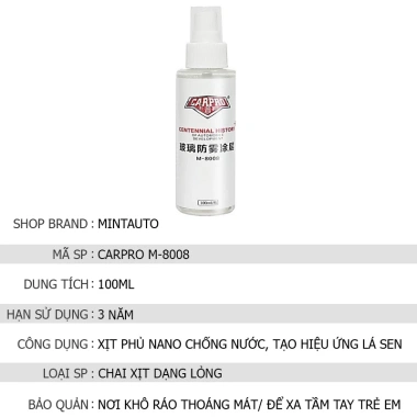 Chai phủ nano CarPro M-8.008 100ml - Chống nước kính lái & gương, 19.999 VND
