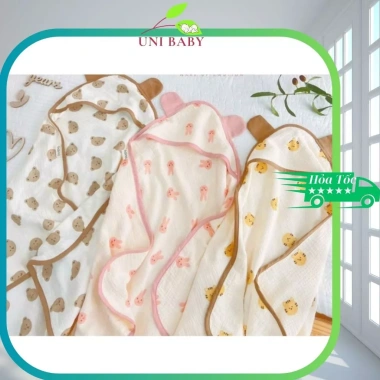 Chăn 4 lớp muslin cho bé sơ sinh Uni Baby, mũ trùm đầu và khăn quấn - 150k