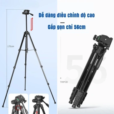 Chân Máy Ảnh, Tripod Đa Năng Cao 1m65 Gập Gọn - Chụp Ảnh, Quay Video, Livestream Chính Hãng