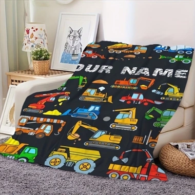 Chăn nhung mặt bích xe xây dựng tùy chỉnh tên – In máy xúc, xe tải, decor nhà, sofa ngủ 2