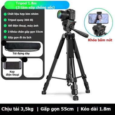 Chân Quay Điện Thoại Tripod Kim Loại 360° Độ Cao 180cm - Cao Cấp, Giá Ưu Đãi 230k