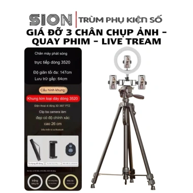 Chân quay Tripod 3 in 1 360° góc nghiêng, đèn LED, kẹp điện thoại Live stream, giá 200k