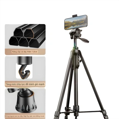 Chân quay Tripod 3 in 1 360° góc nghiêng, đèn LED, kẹp điện thoại Live stream, giá 200k