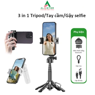 Chân tripod mini Aleister 3 trong 1 cho điện thoại - Gậy selfie Bluetooth có đèn trợ sáng, chỉ 159.000₫