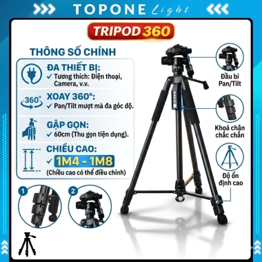 Chân Tripod TOP ONE Gập Gọn 55cm 1m4-1m7 cho Máy Ảnh, Điện Thoại – Quay Vlog, Chụp Ảnh, Video Giá 169k