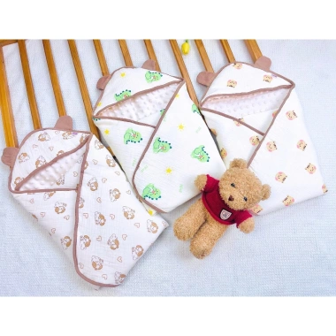 Chăn ủ xô muslin lót nhung hạt đậu, mũ trùm đầu mềm cho bé sơ sinh mùa đông - 200k