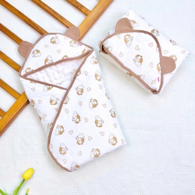 Chăn ủ xô muslin lót nhung hạt đậu, mũ trùm đầu mềm cho bé sơ sinh mùa đông - 200k