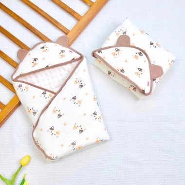 Chăn ủ xô muslin lót nhung hạt đậu, mũ trùm đầu mềm cho bé sơ sinh mùa đông - 200k