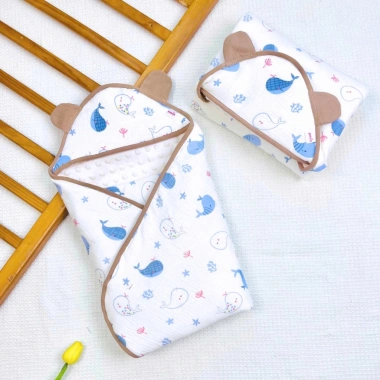 Chăn ủ xô muslin lót nhung hạt đậu, mũ trùm đầu mềm cho bé sơ sinh mùa đông - 200k