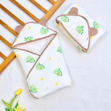 Chăn ủ xô muslin lót nhung hạt đậu, mũ trùm đầu mềm cho bé sơ sinh mùa đông - 200k
