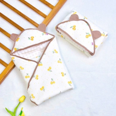 Chăn ủ xô muslin lót nhung hạt đậu, mũ trùm đầu mềm cho bé sơ sinh mùa đông - 200k