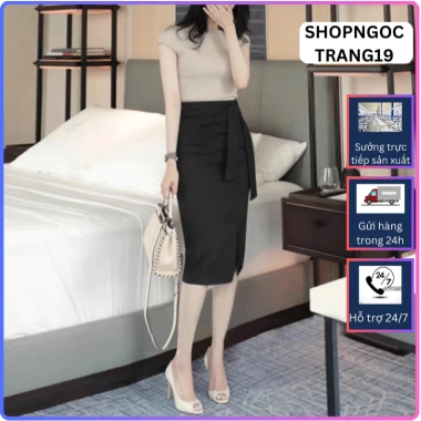 Chân váy bút chì công sở sẻ đùi phối dây 2 lớp dài 65cm siêu xinh 180k