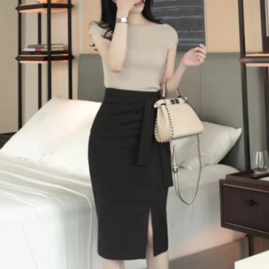 Chân váy bút chì công sở sẻ đùi phối dây 2 lớp dài 65cm siêu xinh 180k