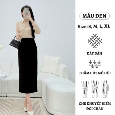 Chân Váy Bút Chì Dài 80cm Đen-Trắng Ôm Dáng, Che Đùi, Vải Dày Thấm Hút Mồ Hôi - 184k