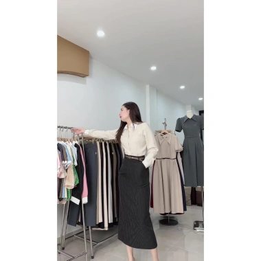 Chân váy bút chì dài nữ công sở kẻ sọc, túi xẻ sau, thanh lịch - giảm 17% C20 6