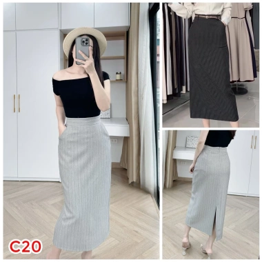 Chân váy bút chì dài nữ công sở kẻ sọc, túi xẻ sau, thanh lịch - giảm 17% C20 8