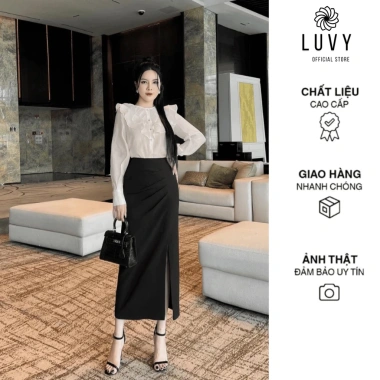 Chân váy bút chì dài xẻ tà trước, phom ôm cạp cao, tôn dáng, giá 168.000₫