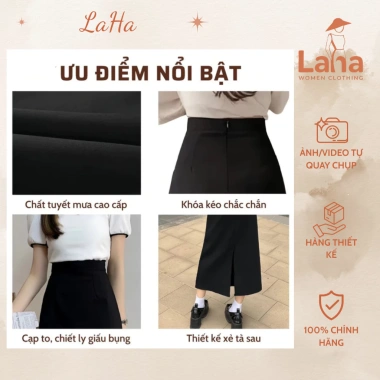 Chân váy bút chì LAHA Fashion Midi dài dáng suông xẻ tà sau, sang trọng, chỉ 129k