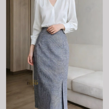 Chân Váy Bút Chì Midi Xẻ Sau Caro Nhỏ Váy Công Sở Dáng Ôm Tôn Dáng Lưng Cao Thanh Lịch