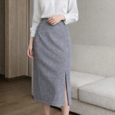 Chân Váy Bút Chì Midi Xẻ Sau Caro Nhỏ Váy Công Sở Dáng Ôm Tôn Dáng Lưng Cao Thanh Lịch
