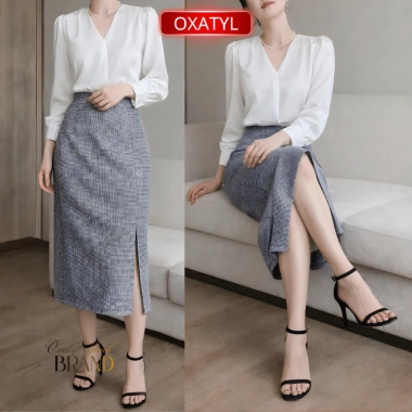 Chân Váy Bút Chì Midi Xẻ Sau Caro Nhỏ Váy Công Sở Dáng Ôm Tôn Dáng Lưng Cao Thanh Lịch