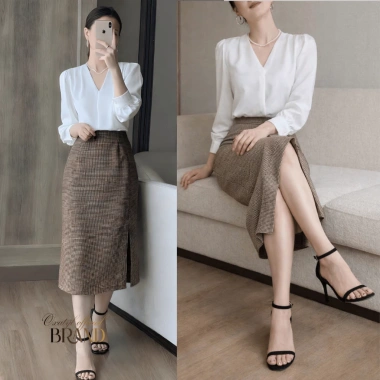 Chân Váy Bút Chì Midi Xẻ Sau Caro Nhỏ Váy Công Sở Dáng Ôm Tôn Dáng Lưng Cao Thanh Lịch