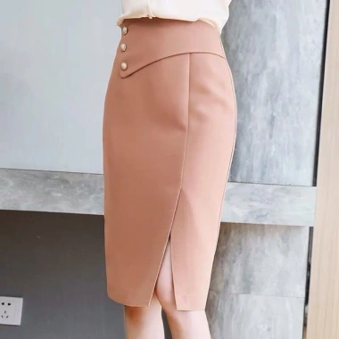 Chân váy bút chì sọc trước đáp tà, vạt thảo chéo đính cúc - Giá chỉ 165k