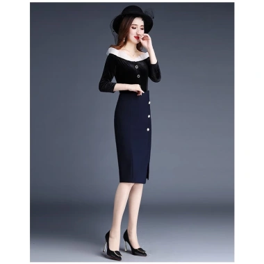 Chân váy bút chì xẻ tà trước phối nút trẻ trung công sở lưng cao cạp lệch 3 cúc D68cm giá 180.900₫