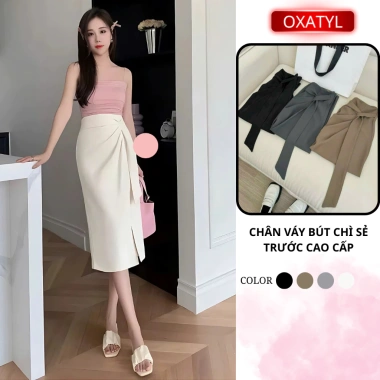 Chân váy công sở cao cấp vải Oxatyl V045 - Sẻ tà trước, giá ưu đãi 275.000đ