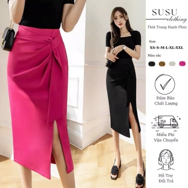 Chân váy công sở SuSu xẻ trước dáng bút chì, phối nơ sang chảnh - giảm giá 180.900 đồng