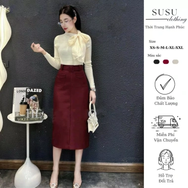Chân váy công sở Susuclothing CV08 80cm, dáng suông, lót, túi hộp, đai điệu - 204.600₫