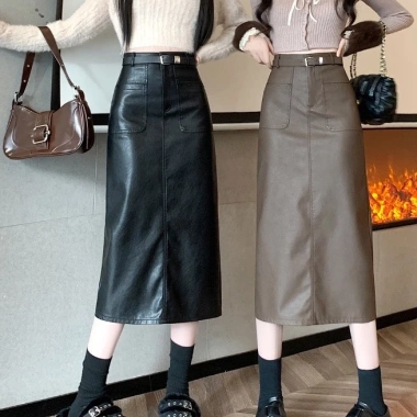 Chân váy da chữ A dài đai Vintage Hàn Quốc, công sở trẻ trung, giảm giá 270k