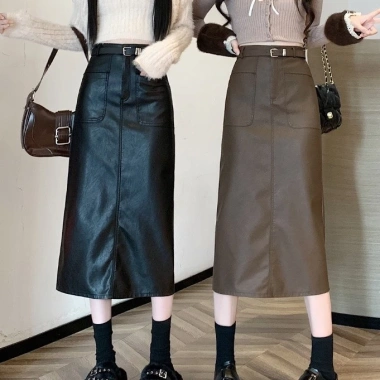 Chân váy da chữ A dài đai Vintage Hàn Quốc, công sở trẻ trung, giảm giá 270k