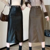 Chân váy da chữ A dài đai Vintage Hàn Quốc, công sở trẻ trung, giảm giá 270k 3