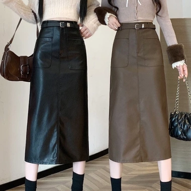 Chân váy da chữ A dài đai Vintage Hàn Quốc, công sở trẻ trung, giảm giá 270k