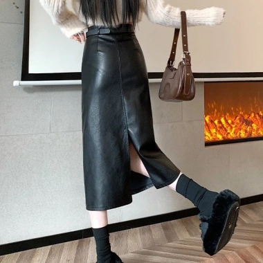 Chân váy da chữ A dài đai Vintage Hàn Quốc, công sở trẻ trung, giảm giá 270k