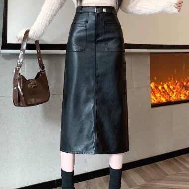 Chân váy da chữ A dài đai Vintage Hàn Quốc, công sở trẻ trung, giảm giá 270k