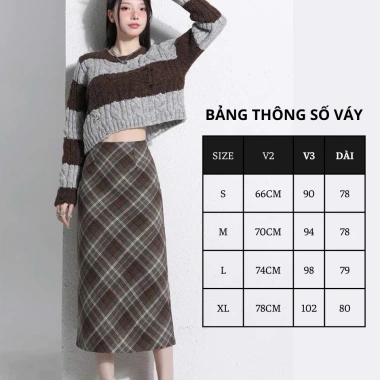 Chân váy dạ kẻ oxatyl M91 dài, vải dạ cao cấp, giảm giá 325k