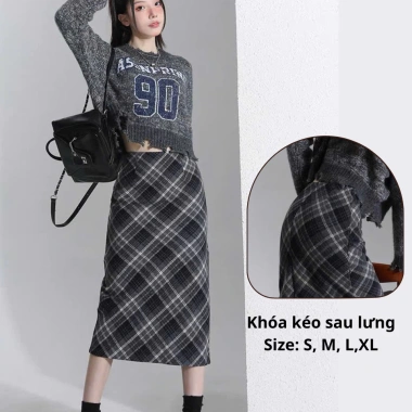 Chân váy dạ kẻ oxatyl M91 dài, vải dạ cao cấp, giảm giá 325k