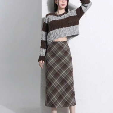 Chân váy dạ kẻ oxatyl M91 dài, vải dạ cao cấp, giảm giá 325k