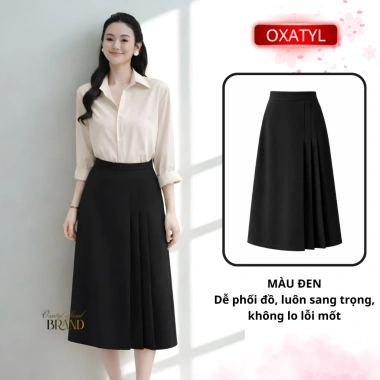 Chân váy dài dáng A xếp ly OXATYL V90 – Mặc đi làm công sở, màu đen/nâu, giảm còn 225k 9
