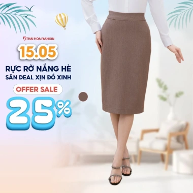Chân váy dài nữ 25CVW-260 Thái Hòa cao cấp dáng bút chì nâu 2 lớp giá 276.000đ