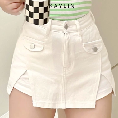Chân váy jean Kaylin form ngắn màu trơn denim dày dặn phối nút cá tính - 400.000₫ 5